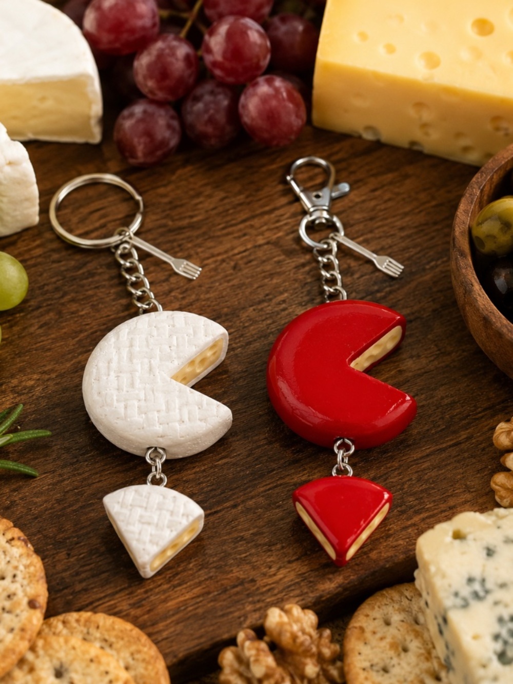 Brie & Gouda Cheese Keychain or Bag Clip | Handmade Cheese Rounds Accessory